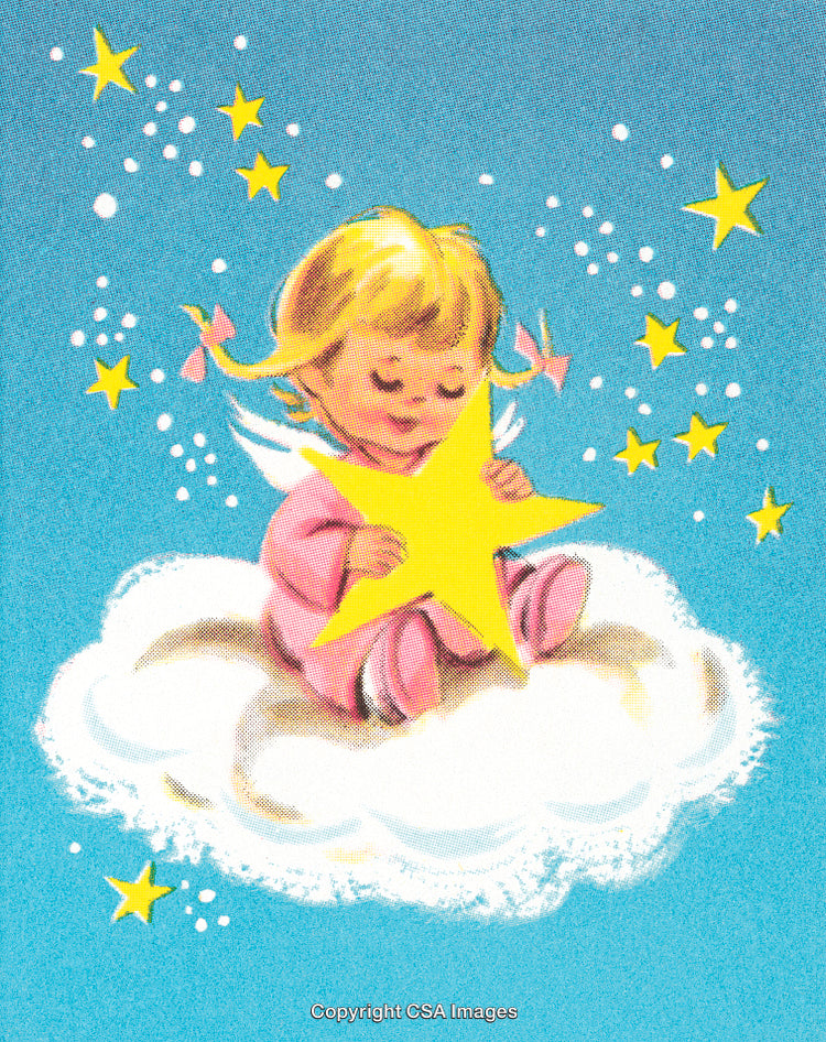Cute Angel Sitting on Cloud Holding a Star with Twinkling Stars Around
