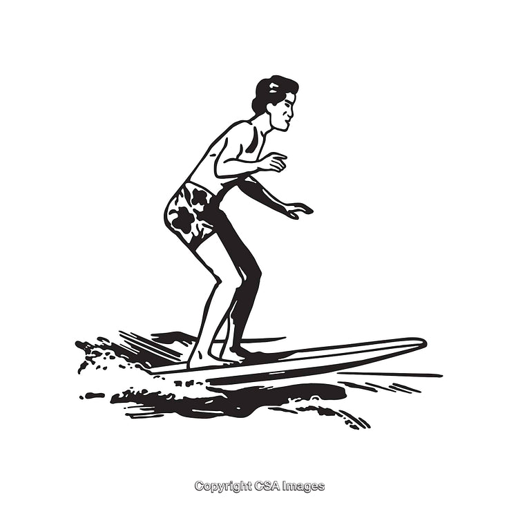 Retro Black and White Line Art of a Surfer Riding a Wave