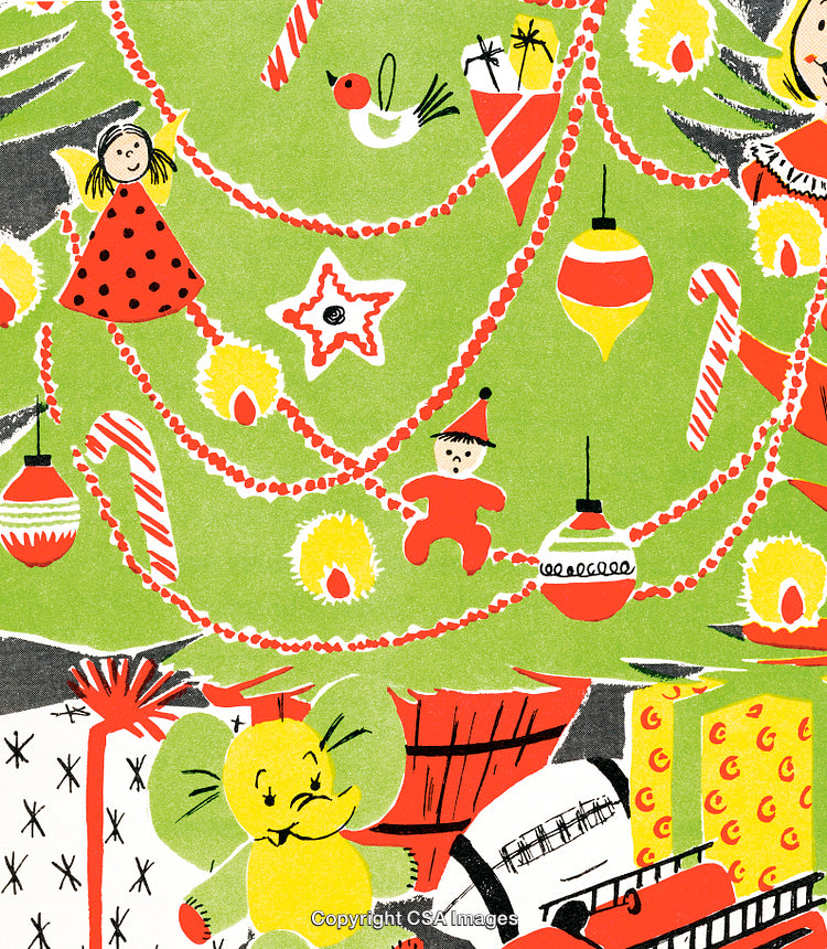 Festive Christmas Tree Decorated With Ornaments, Lights, and Holiday Toys