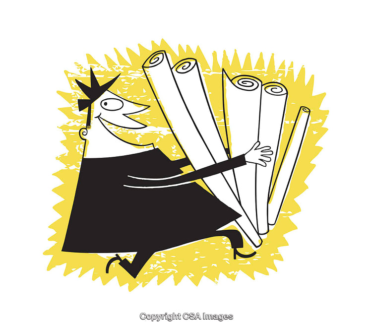 Cartoon Figure Holding Rolled Papers on Yellow Background