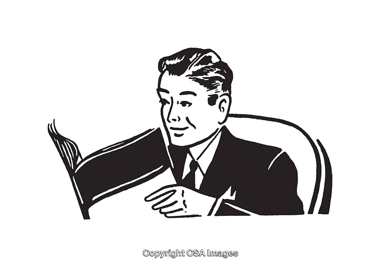 Black and White Illustration of Man Reading a Newspaper