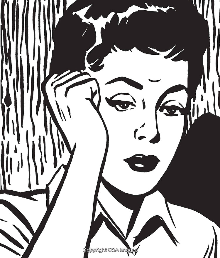 Retro Black and White Illustration of a Thoughtful Woman in Vintage Style