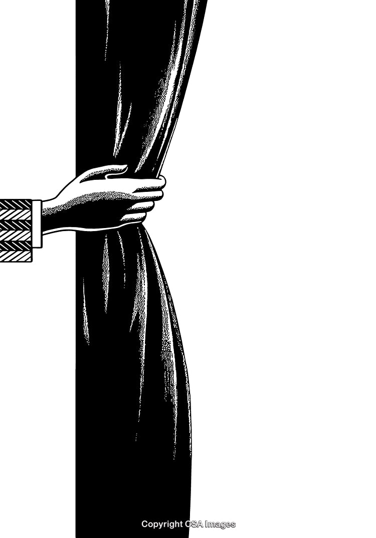 Elegant Black and White Engraving of a Hand Pulling a Curtain