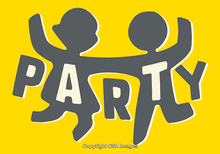 Colorful Party-Themed Illustration Featuring Dancing Figures and Bold Typography