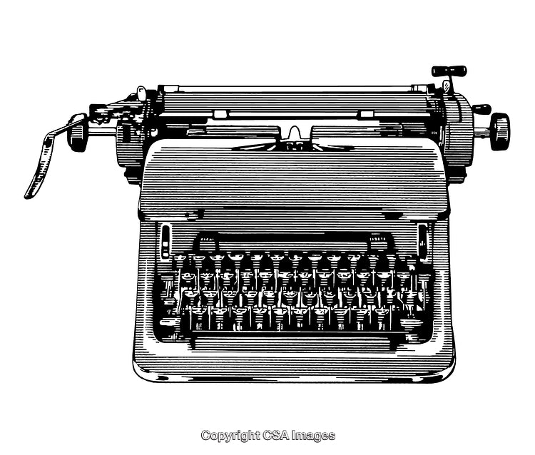 Detailed Black And White Engraving of a Vintage Typewriter Graphic