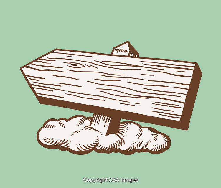 Hand-Drawn Wooden Sign with Cloud-Carved Graphic on Green Background