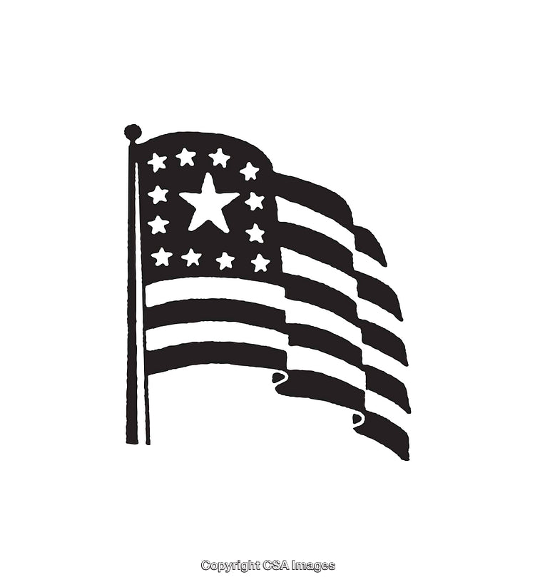 Black And White Line Art Illustration of a Waving American Flag