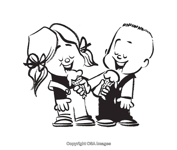 Playful Children Enjoying Ice Cream in Line Art Illustration