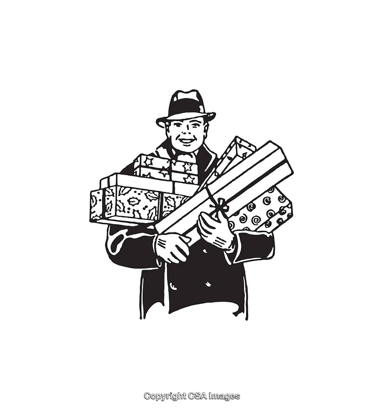 Vintage Line Art Illustration of a Man Holding Holiday Presents