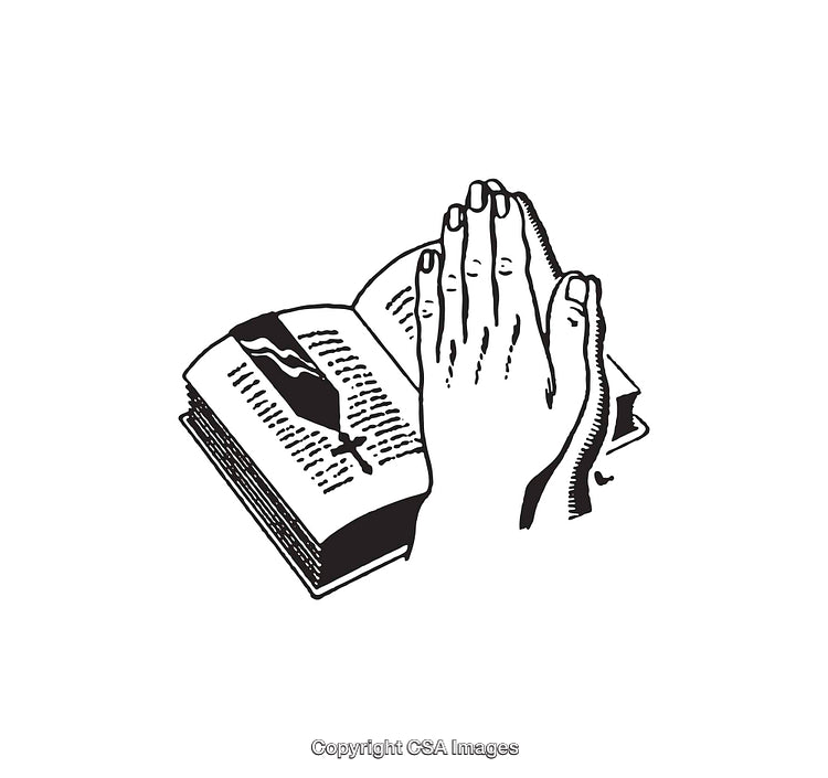 Black and White Line Art of Prayer Hands with Holy Book
