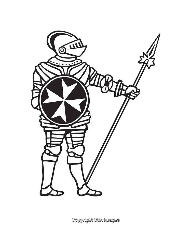 Black and White Line Art of a Medieval Knight with Shield and Spear