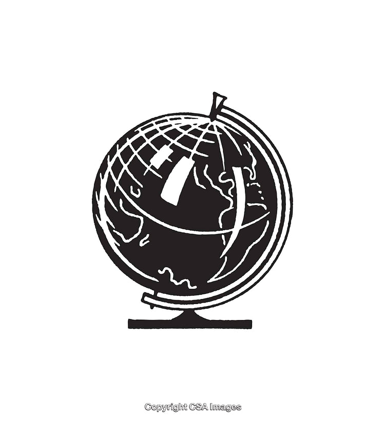 Black and White Illustration of a Globe with Geographical Details
