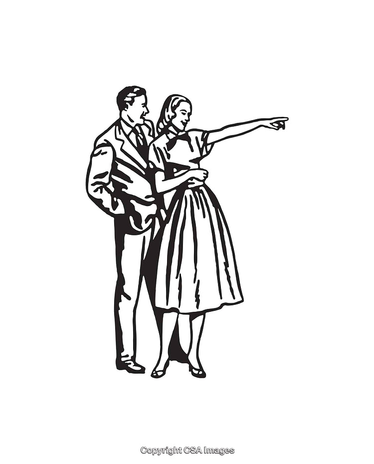 Retro Line Art of a Couple Observing and Pointing Ahead