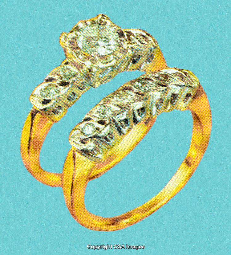 Golden Engagement and Wedding Rings with Diamond Details on Vibrant Background