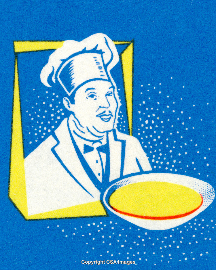 Retro Chef Illustration with Bowl on a Blue Background