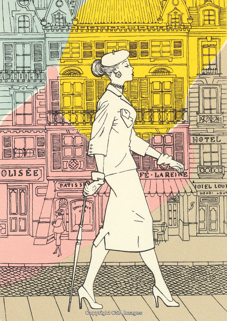 Illustration of A Fashionable Woman Strolling Through a Parisian Street