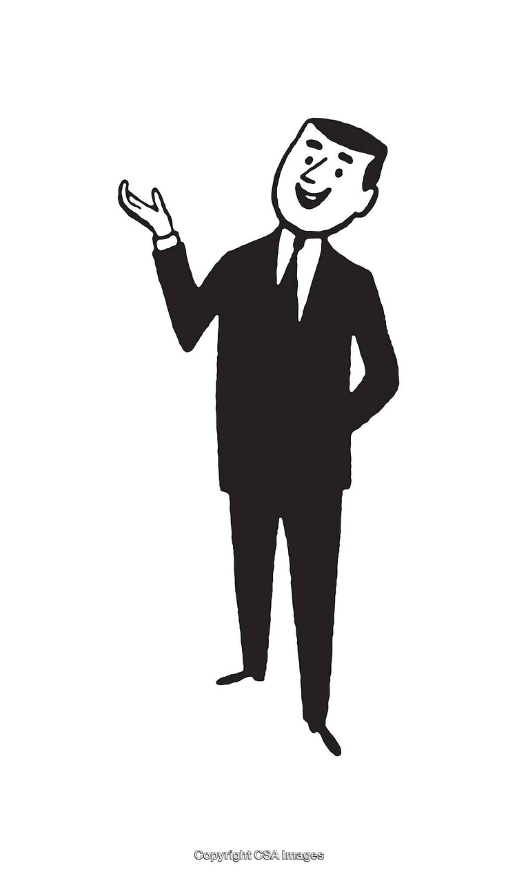 Retro Style Cartoon Businessman in Formal Attire Gesturing Happily