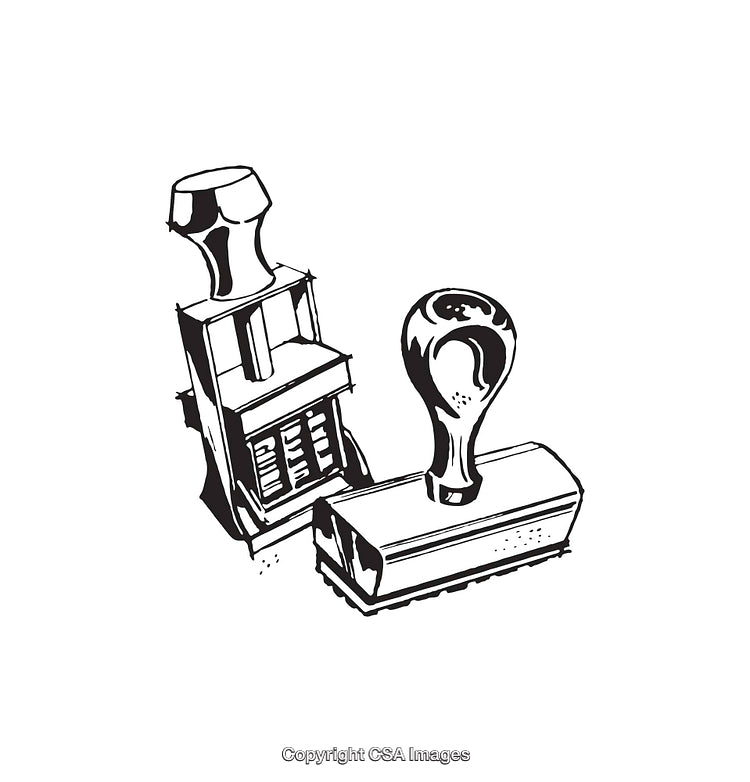 Pair of Black and White Stamp Illustrations in Vintage Line Art Style