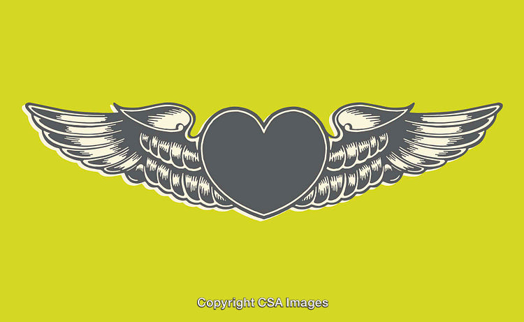 Heart with Wings Symbol on Vibrant Lime Background in Line Art Style
