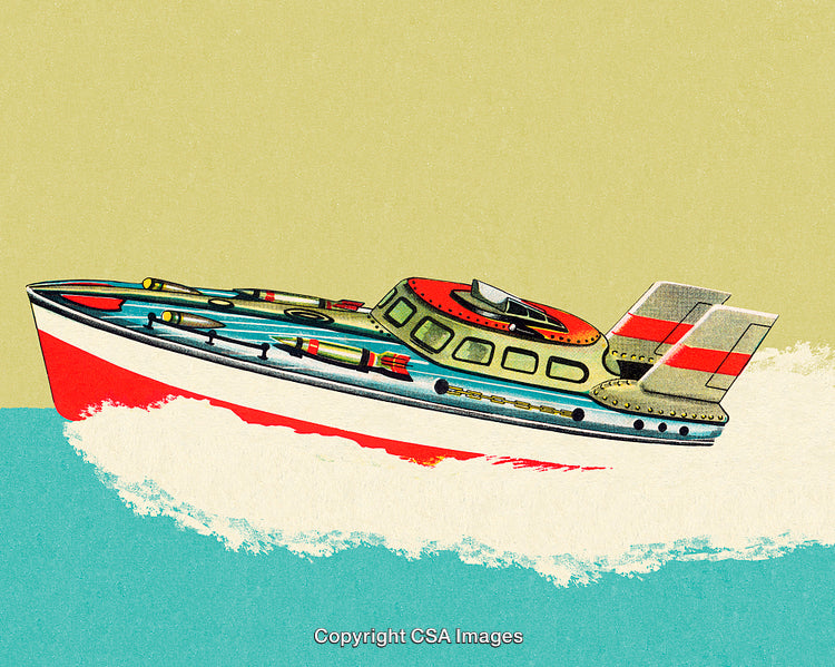 Retro Illustration of a Futuristic Speedboat on the Open Sea