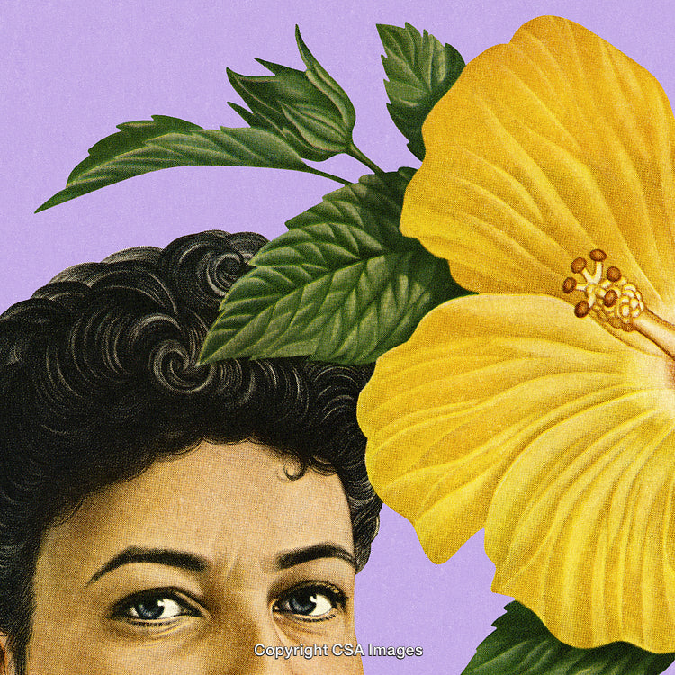 Elegant Illustration of Yellow Hibiscus Flower With Leaves and Woman's Face