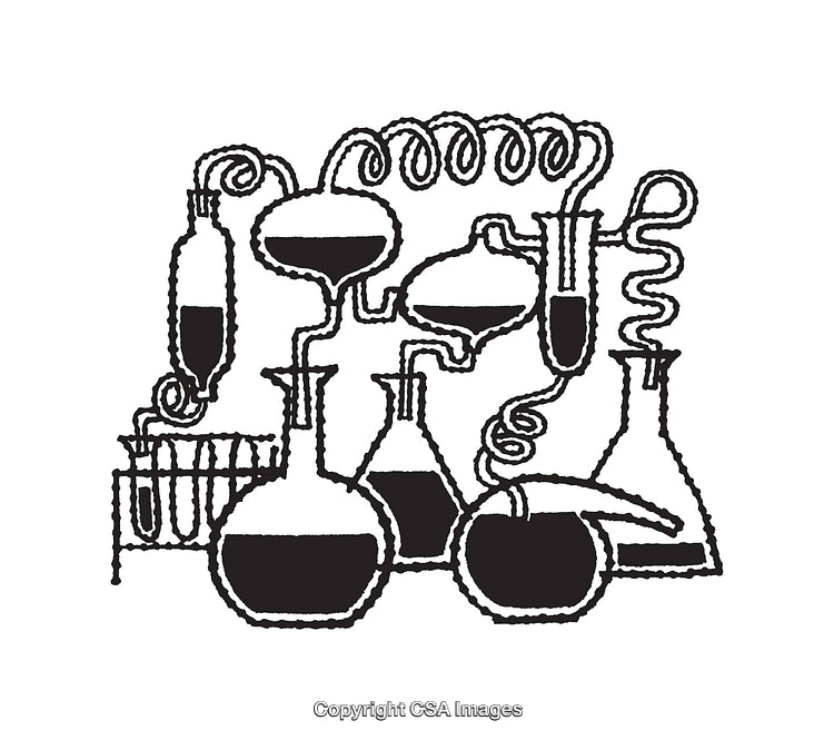 Intricate Black and White Laboratory Equipment Line Art Illustration