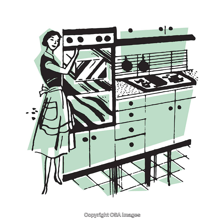 Retro Style Illustration of a Woman Cooking in a Mid-Century Kitchen