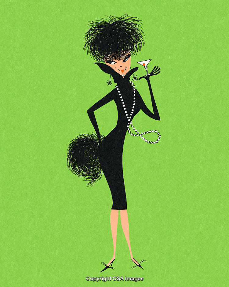 Elegant Cartoon Woman Holding Martini on a Vibrant Green Background