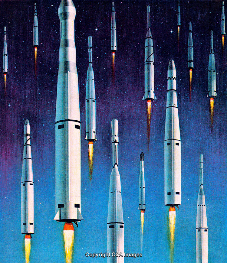 Multiple Rockets Launching Into Space Against a Vibrant Cosmic Backdrop