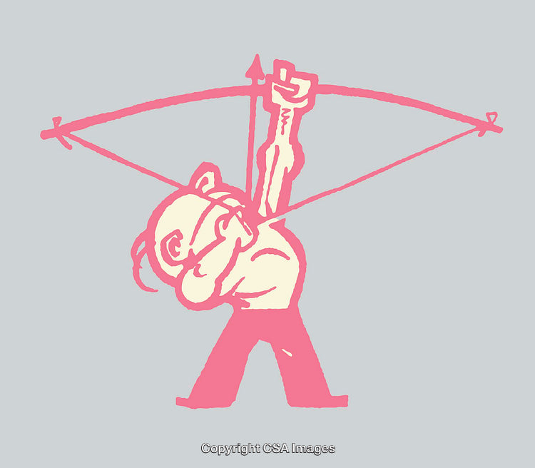 Abstract Pink Character Drawing with Bow and Arrow on Grey Background