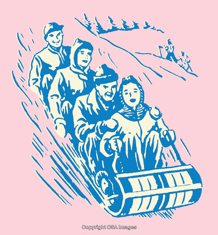 Vintage Illustration of Joyful Sledding in a Winter Scene
