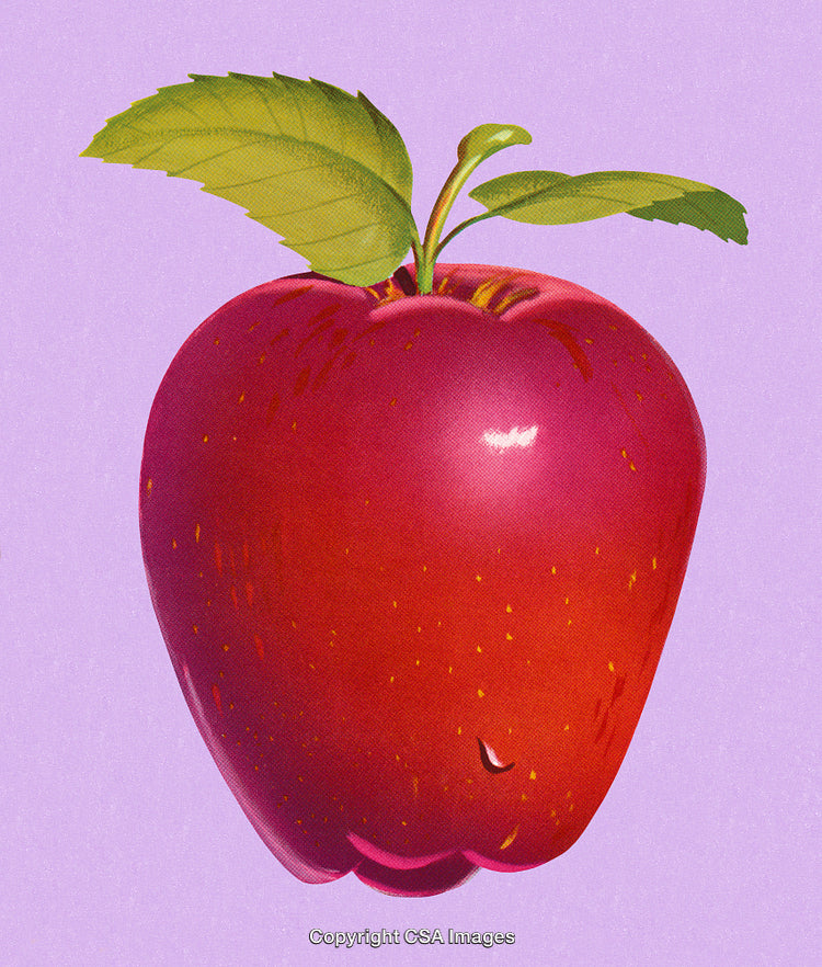 Bright Red Apple with Green Leaves Against Soft Lavender Background