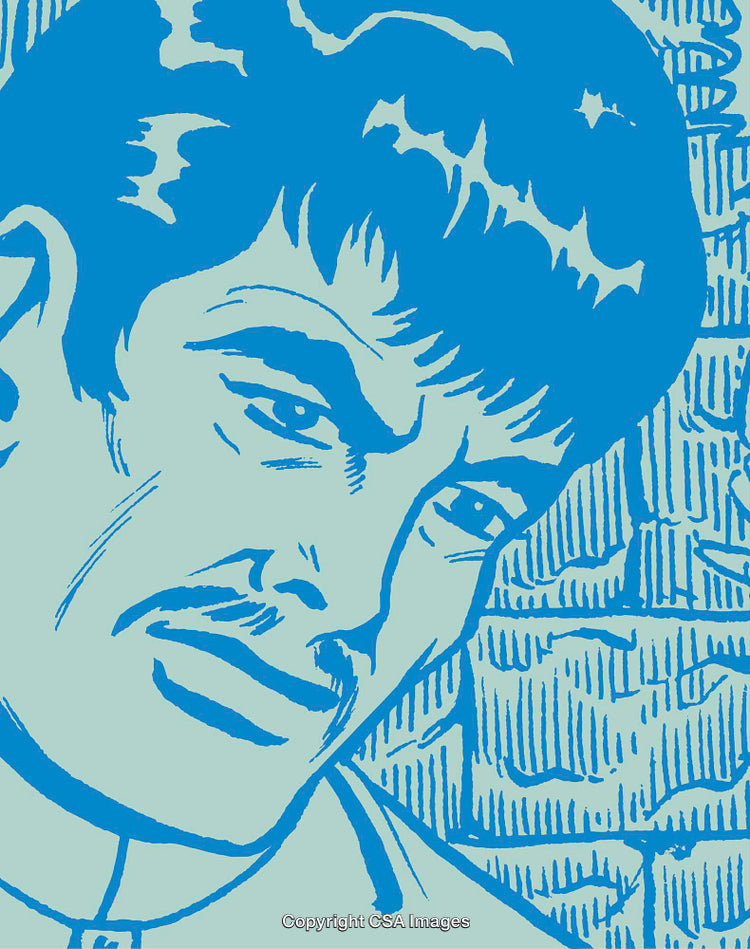 Blue and White Pop Art Style Illustration of Man's Face with Abstract Lines