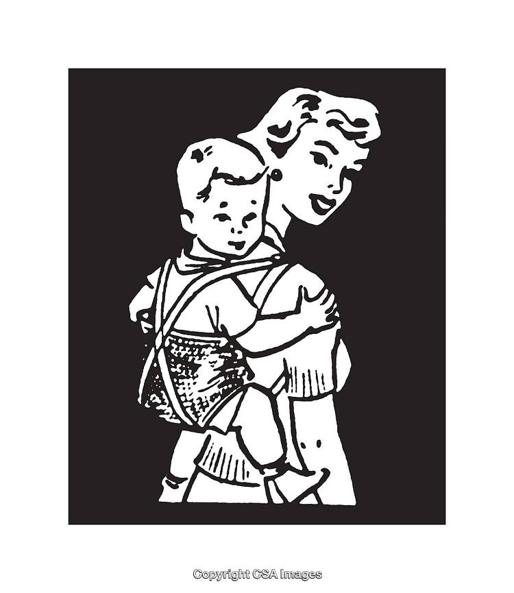 Vintage Black and White Illustration of a Mother Holding a Baby
