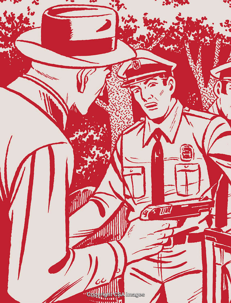 Vintage Illustration Depicting Law Enforcement Encounter in Bold Red and White