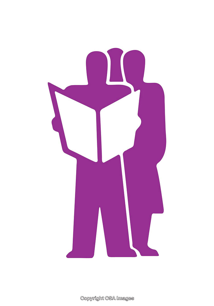 Purple Icon of Two People Reading or Viewing Together