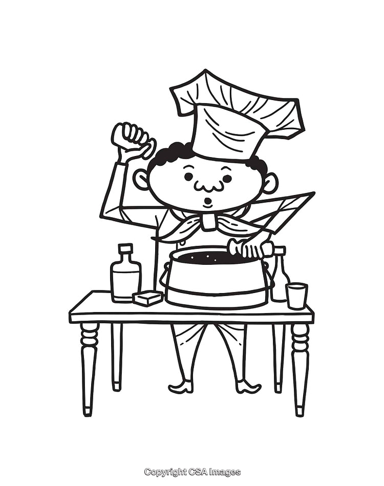 Black and White Line Art of a Chef Cooking in a Kitchen Setting