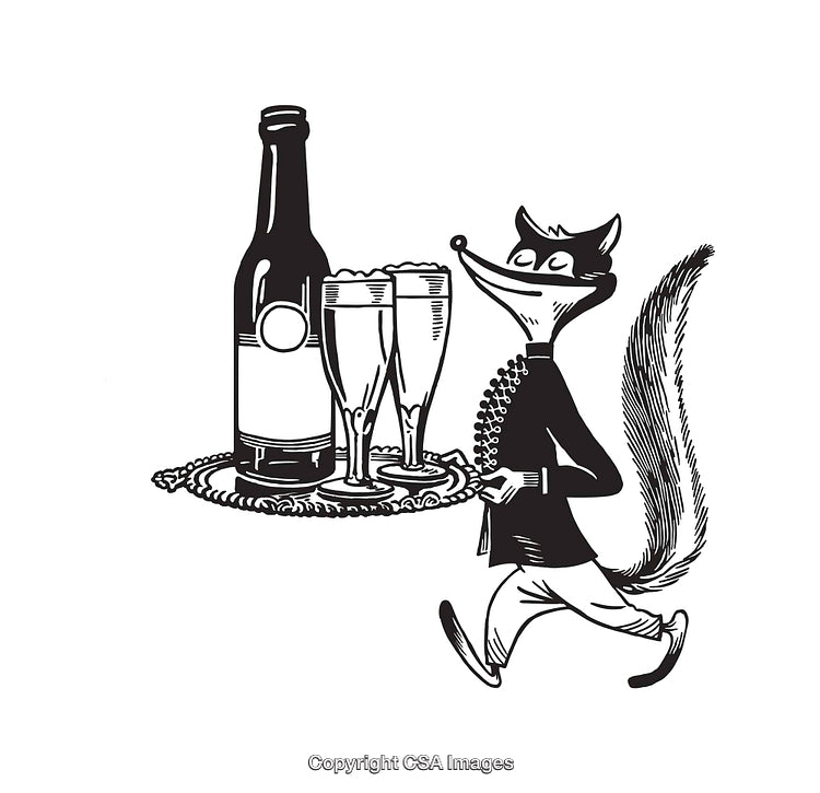 Elegant Fox Waiter Serving Champagne with Bottle in Black and White Style