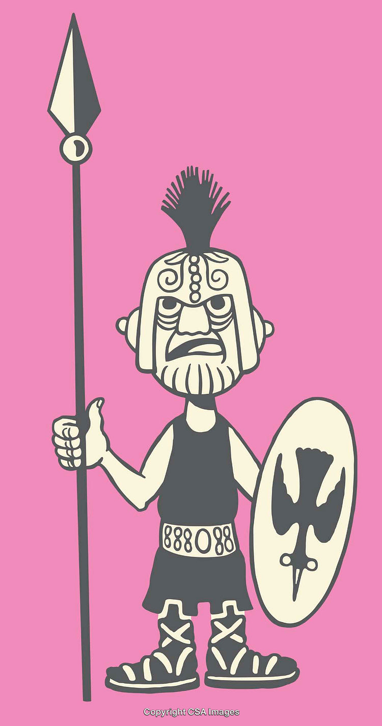 Cartoon Warrior Illustration with Spear and Shield in Stylized Colors