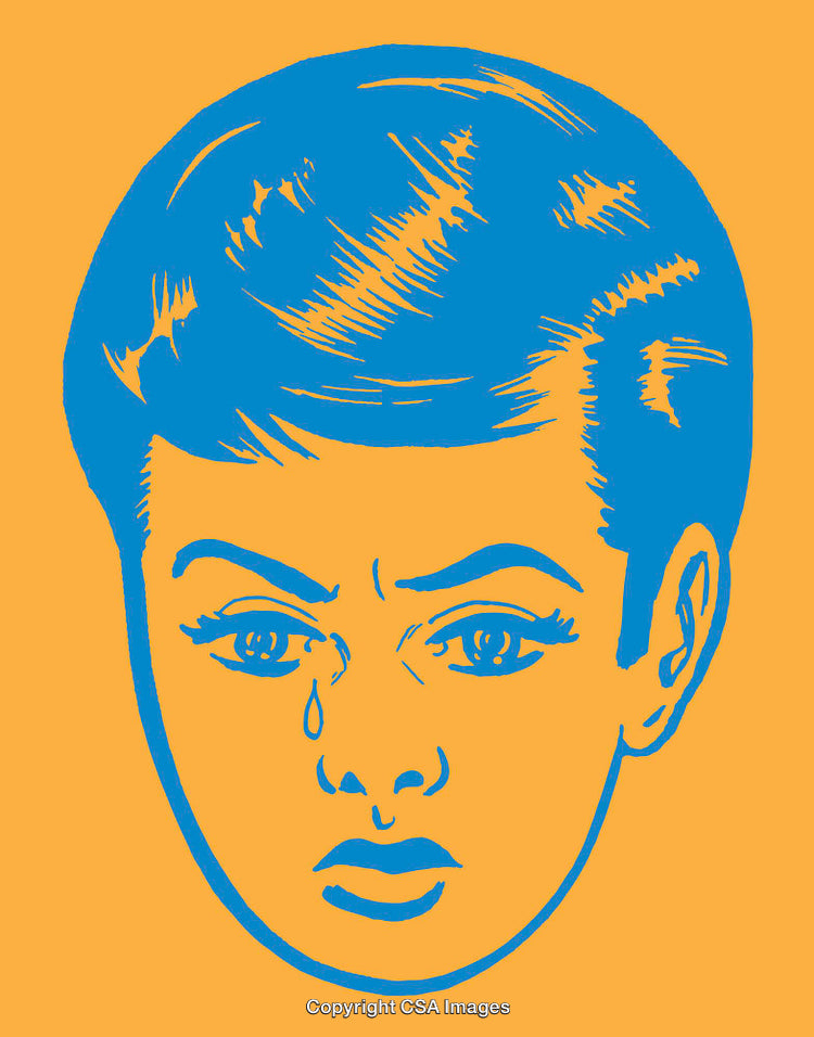 Blue Illustrated Portrait of a Crying Person on Orange Background