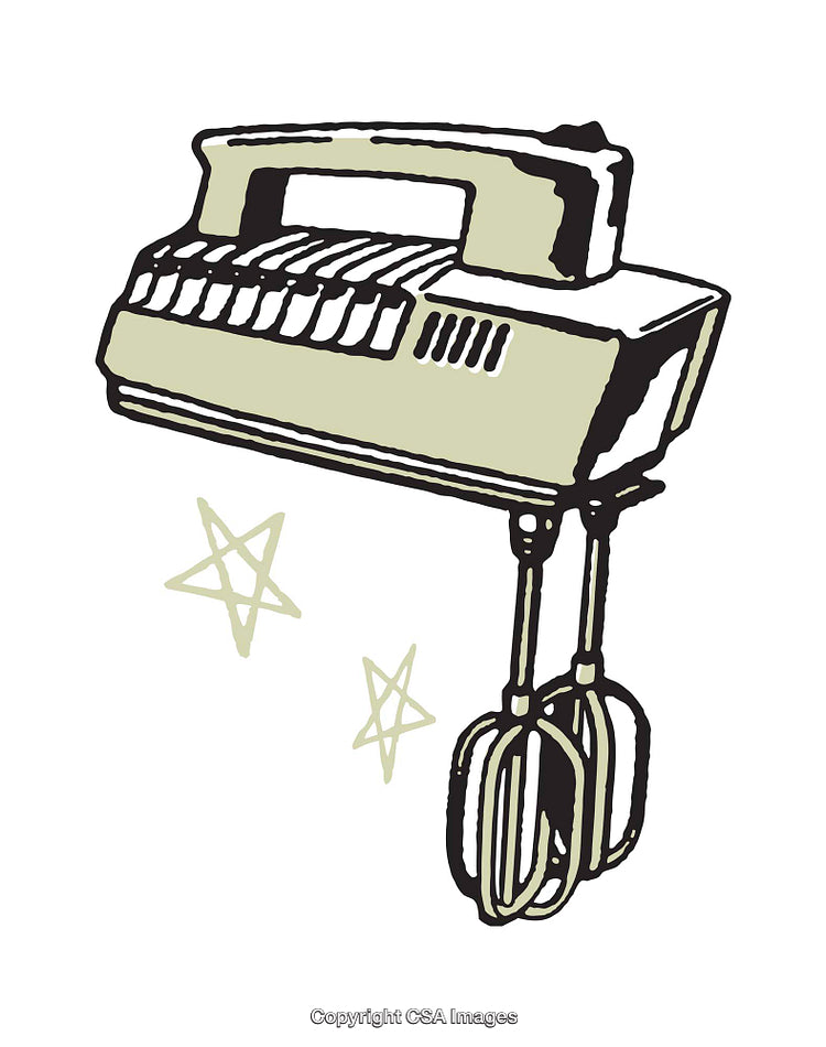 Retro Illustration of an Electric Hand Mixer with Whimsical Decorations