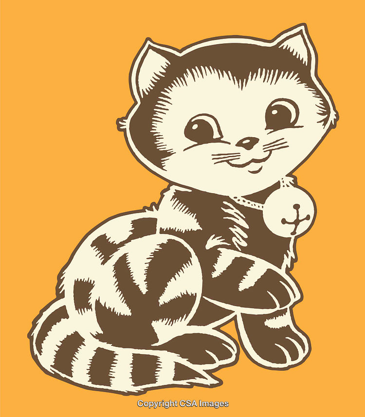 Vintage Illustration of a Playful Tabby Cat on an Orange Background