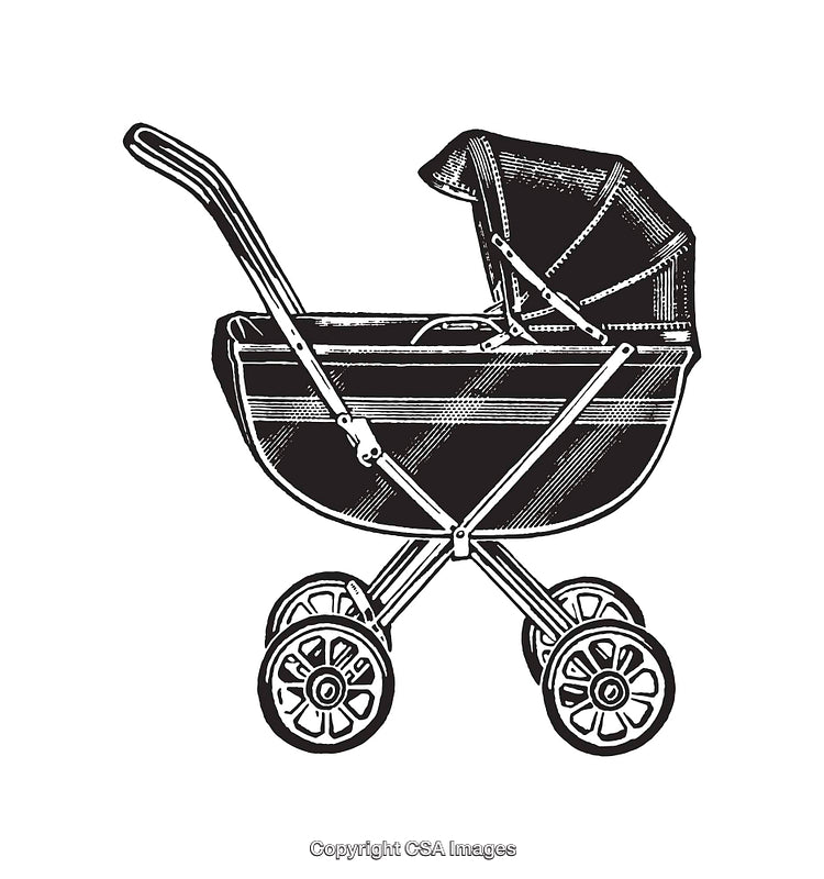 Detailed Black and White Line Art of a Vintage Baby Carriage Stroller