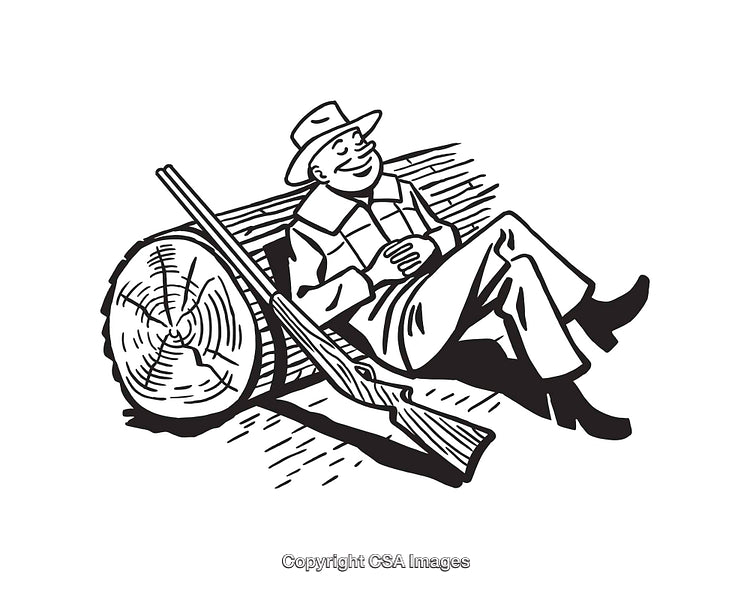 Black and White Illustration of a Relaxed Man by a Log and Rifle