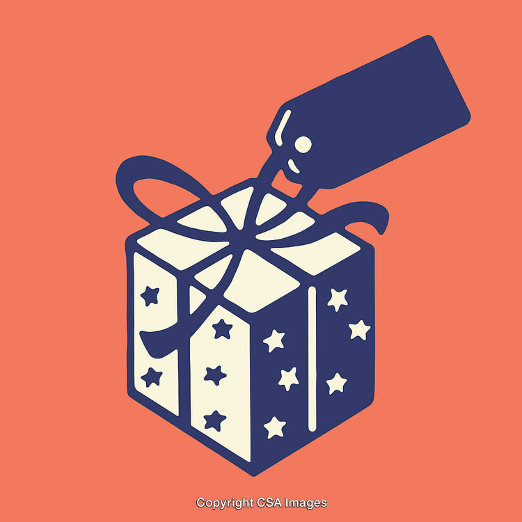 Colorful Illustration of a Gift with Ribbon and Tag on Orange Background