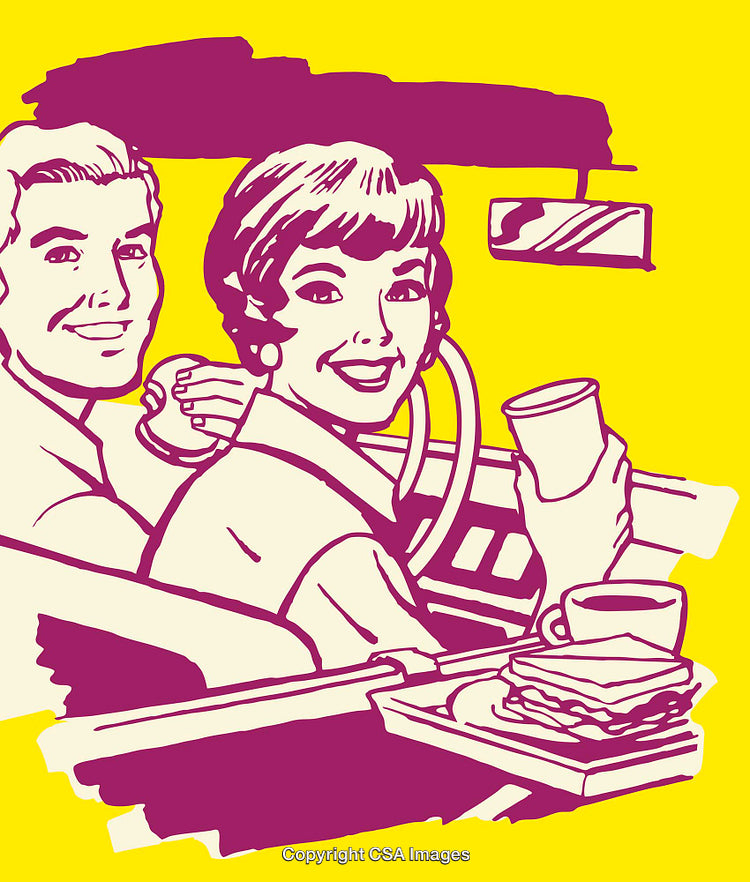 Retro Illustration of a Happy Couple Sharing Breakfast in a Car