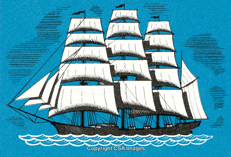 Illustrated Sailing Ship With Full Sails Against a Blue Sky