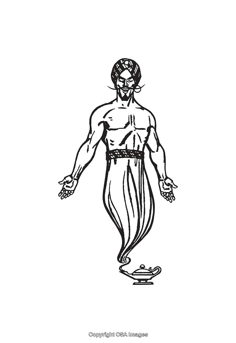 Black and White Line Art Illustration of a Genie Emerging from Lamp