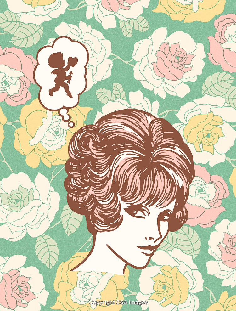 Retro Style Illustration of Woman with Romantic Thoughts and Floral Background