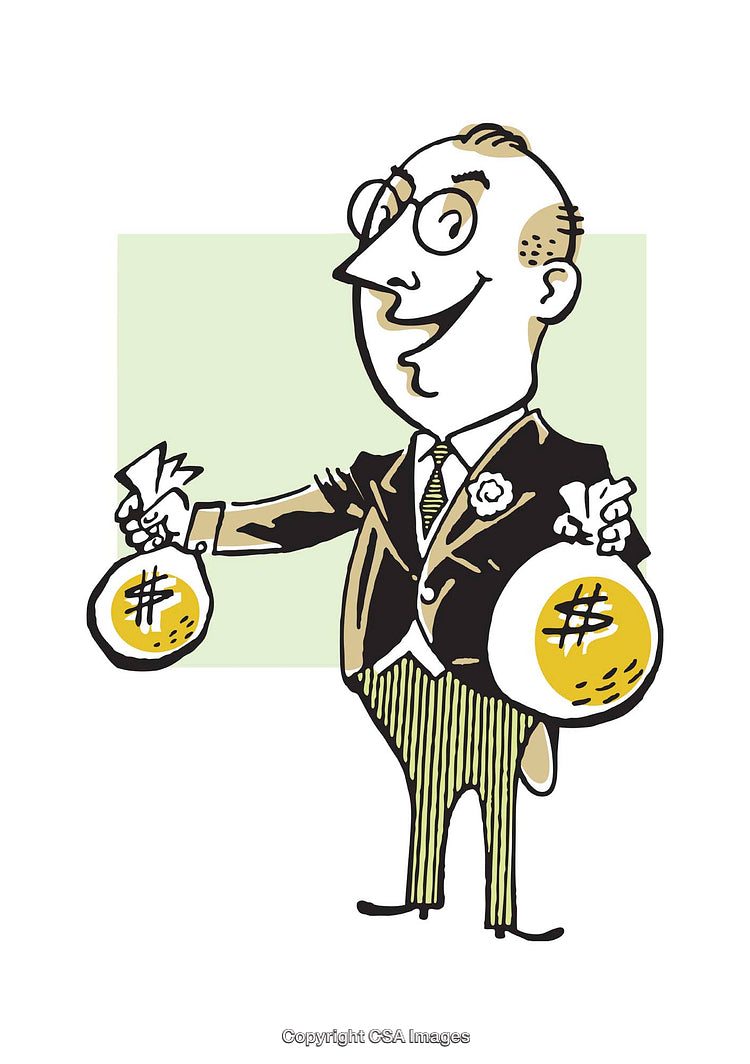 Vintage Cartoon Illustration of a Content Businessman Holding Money Bags